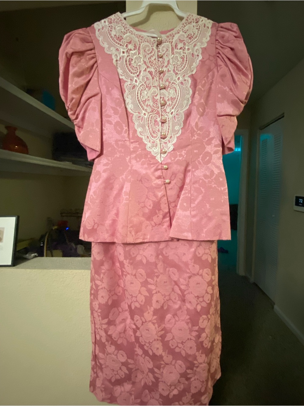 Vintage Pink Jacquard Lace-Trim Two-Piece Dress Set